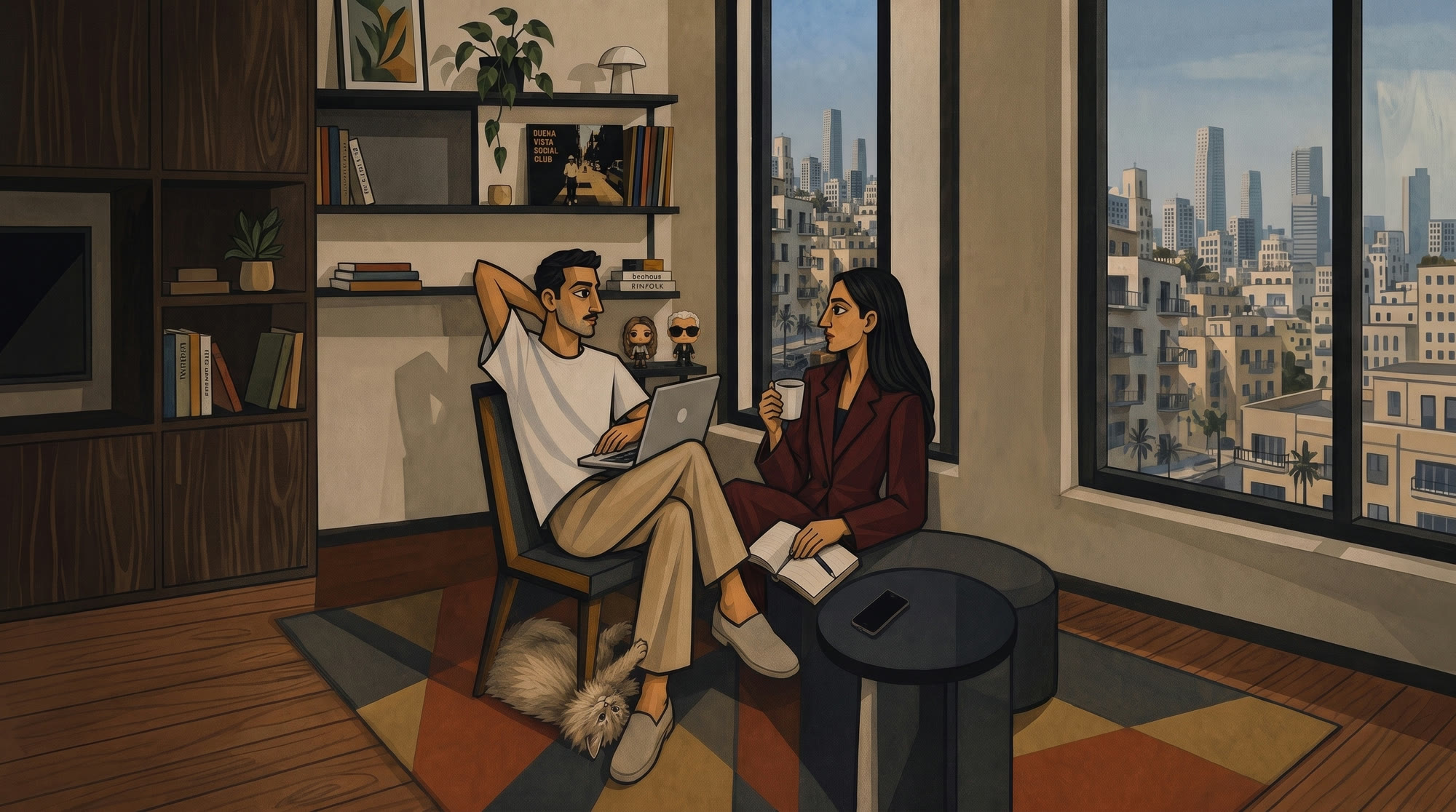 Illustration: a relaxed man with a laptop and a woman in a maroon suit taking notes over coffee, in a warm mid-century apartment overlooking a city skyline.